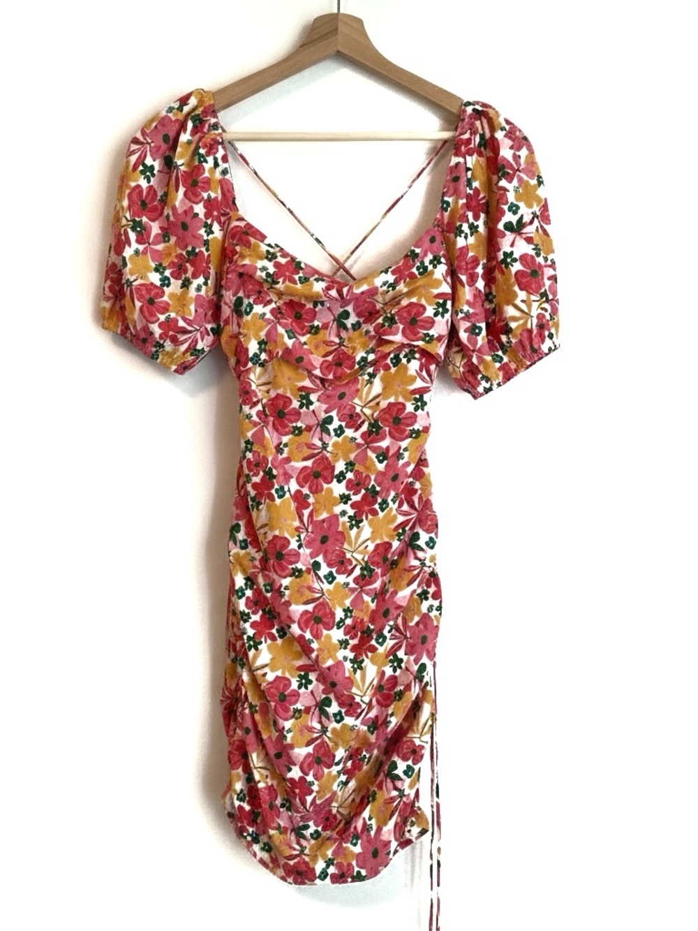 Hello Molly Pink and Yellow Floral Puff-Sleeve Midi Dress lace up back